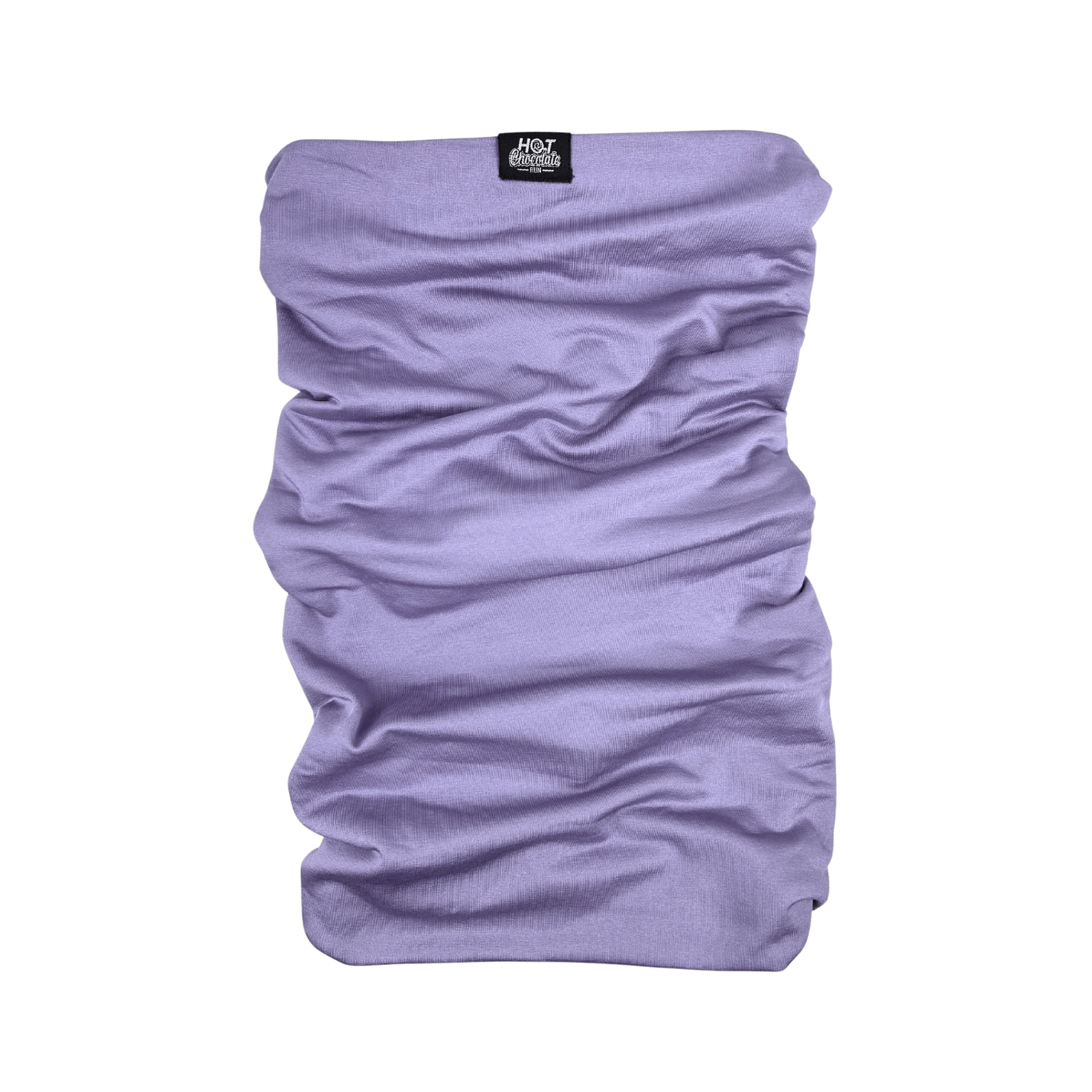 Lavender neck gaiter with a Hot Chocolate Run label