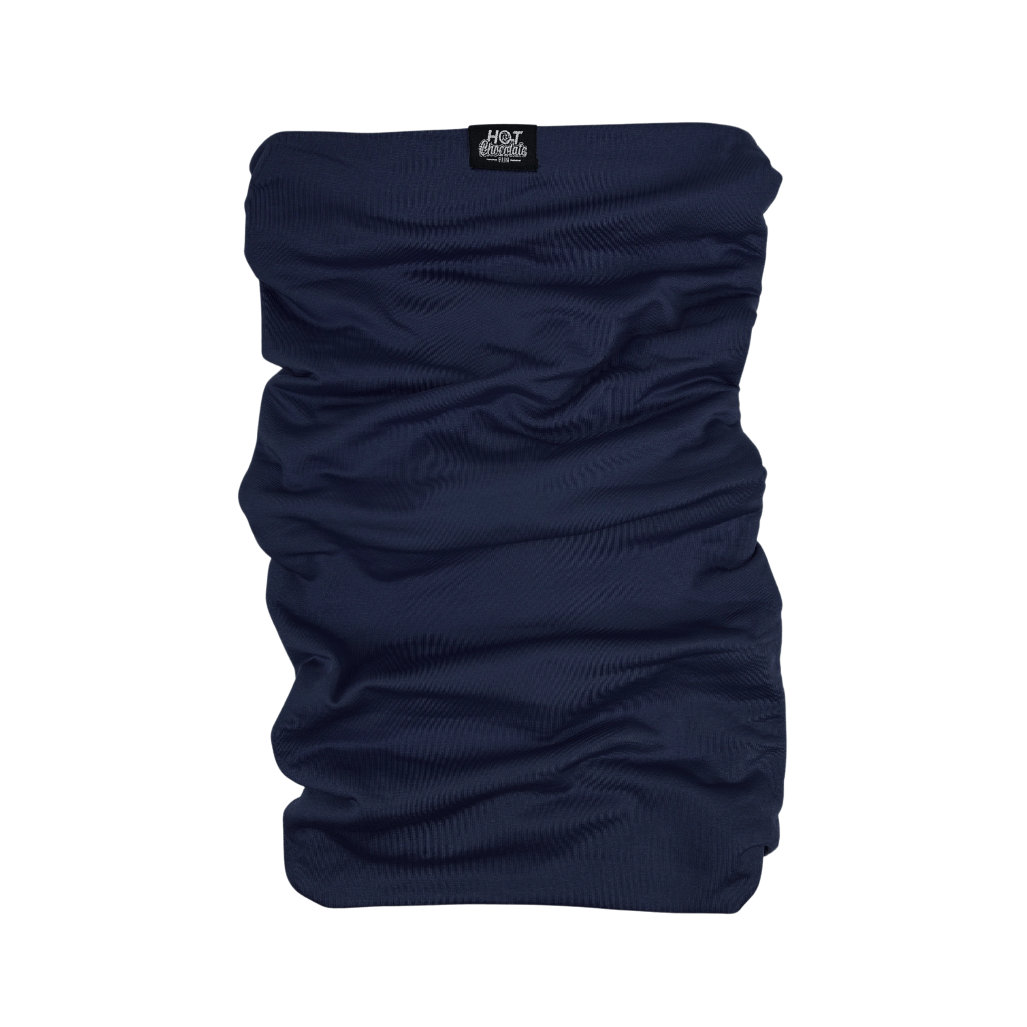 Navy blue neck gaiter with a Hot Chocolate Run label