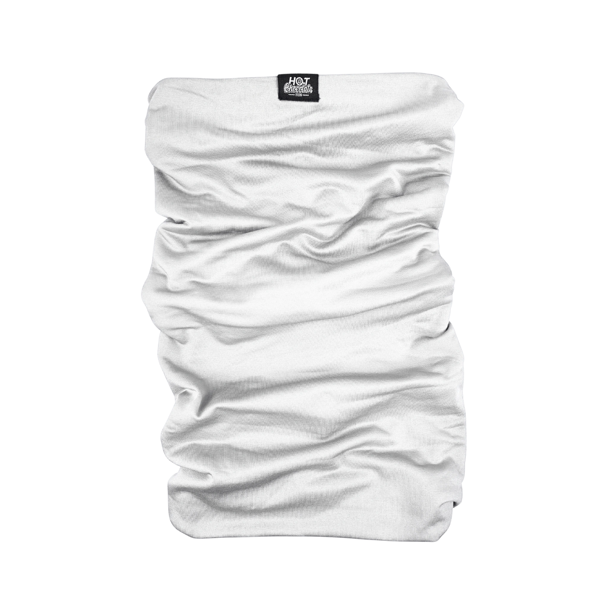 White neck gaiter with a Hot Chocolate Run label