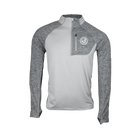 Gray athletic athletic quarter zip with white Hilton Head Marathon logo on left chest