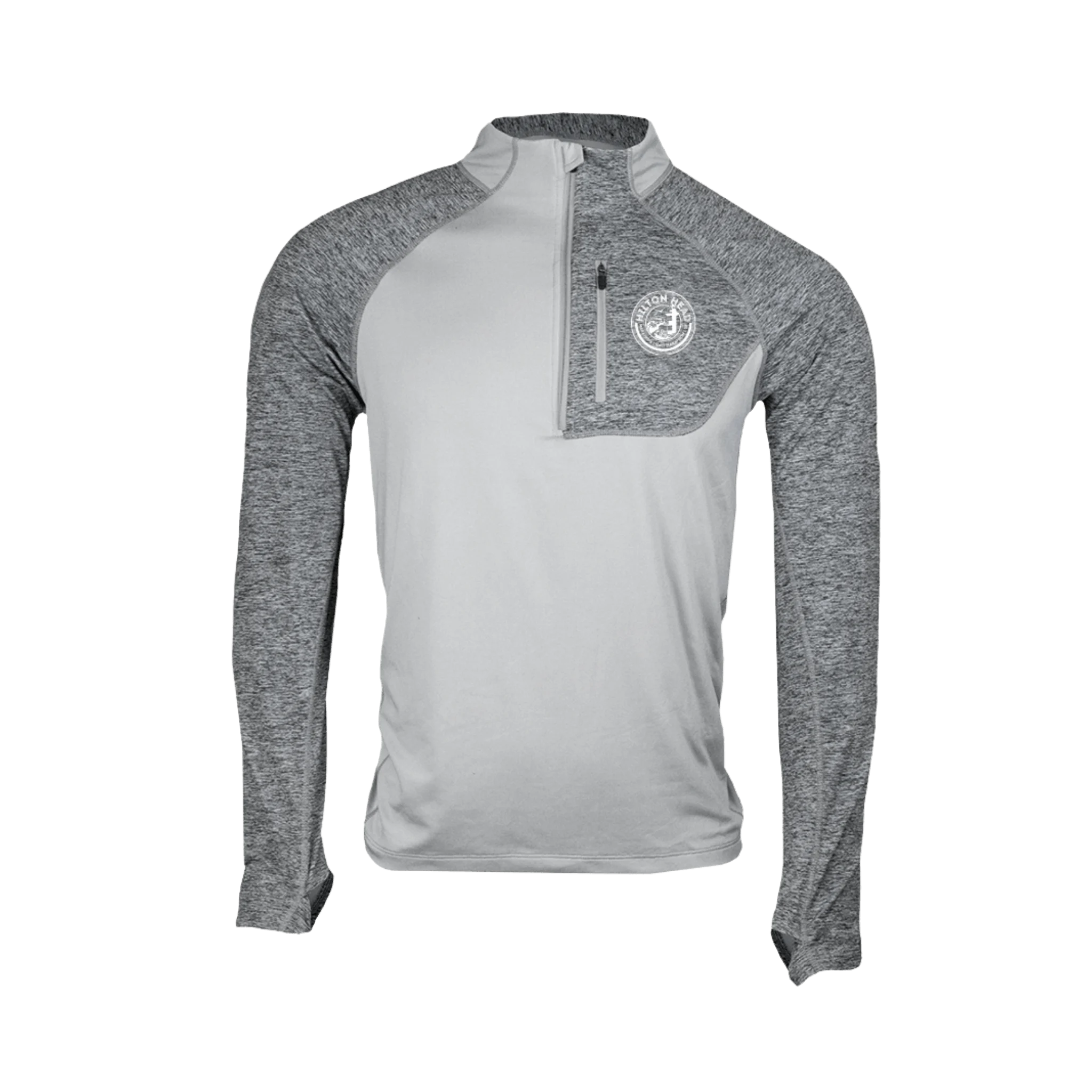 Gray athletic athletic quarter zip with white Hilton Head Marathon logo on left chest