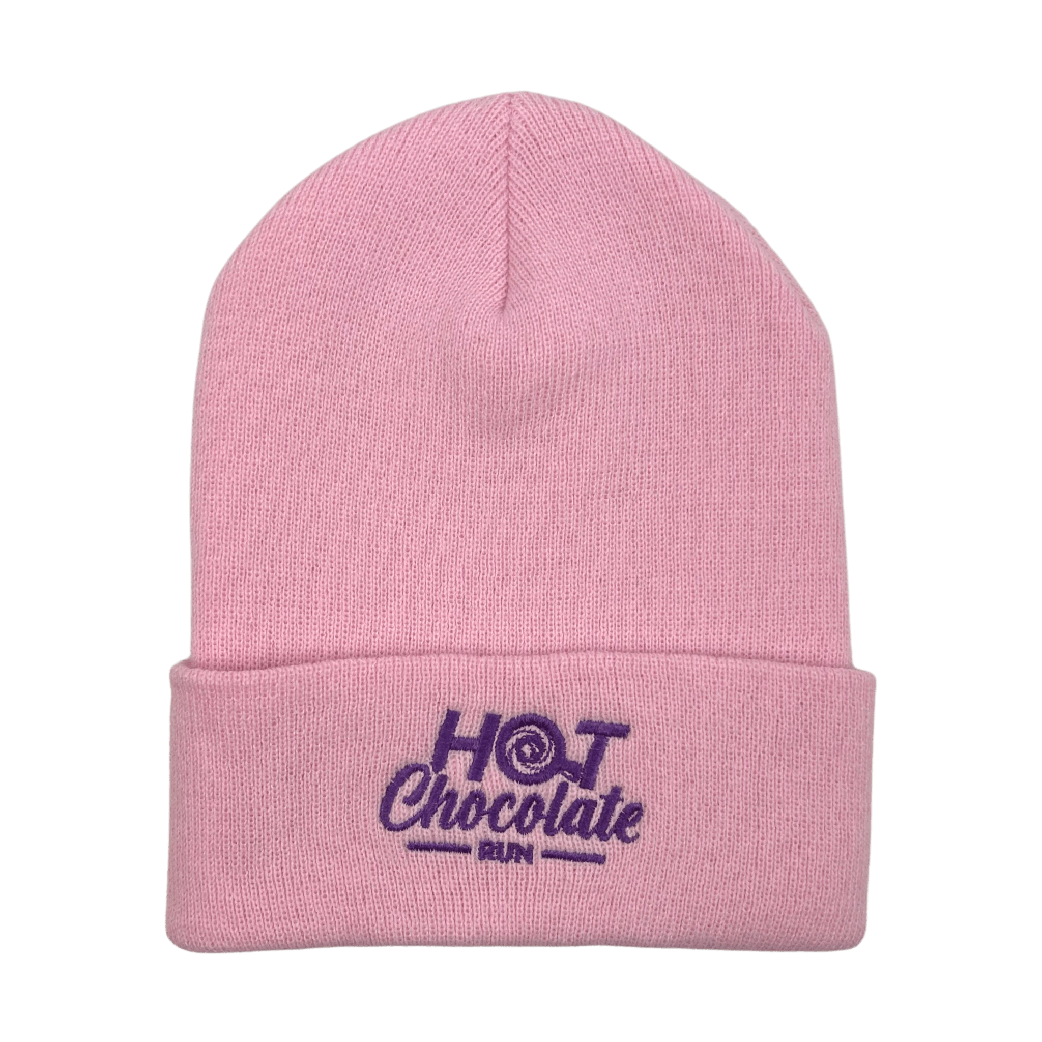 Pink beanie with 'Hot Chocolate Run' logo