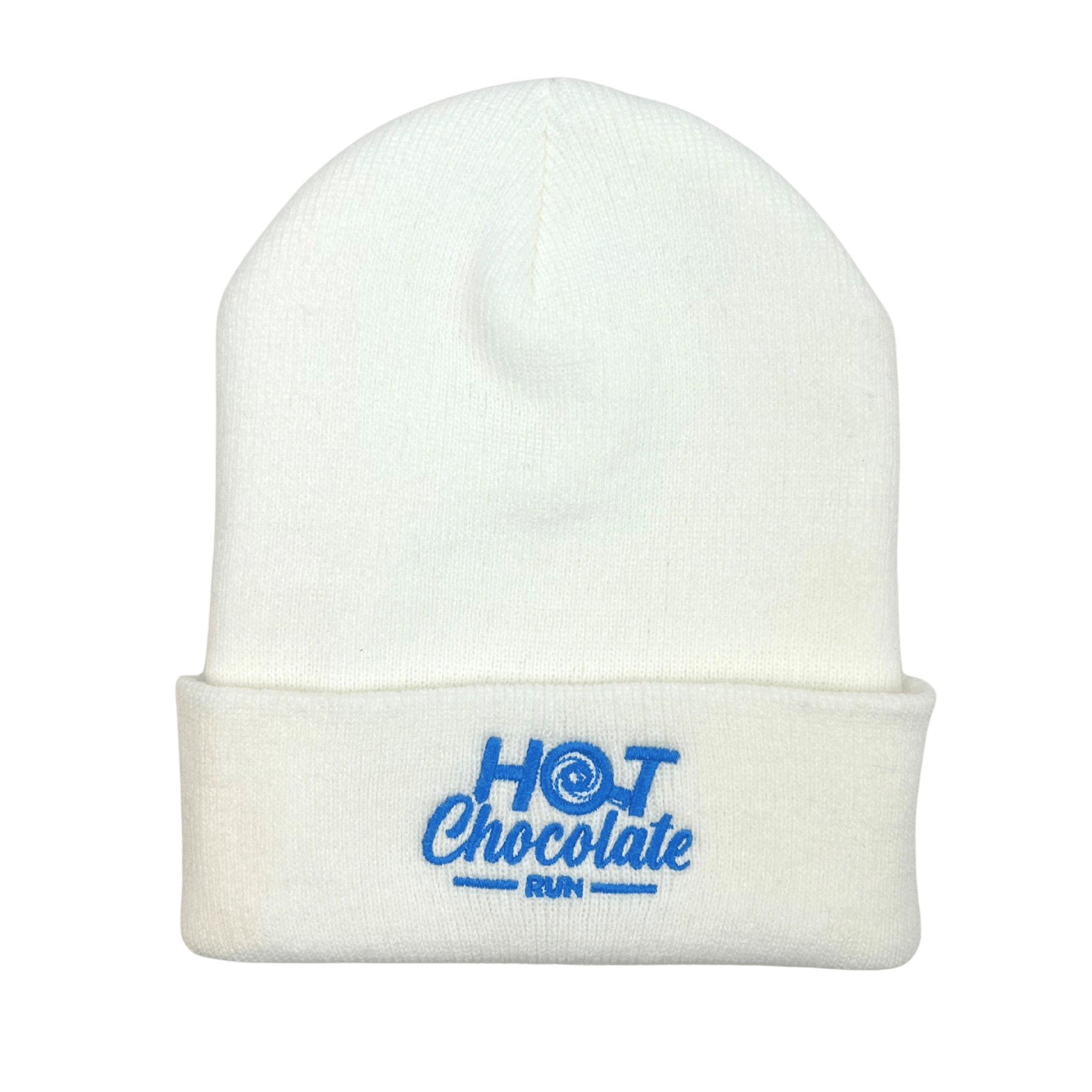 White beanie with 'Hot Chocolate Run' logo