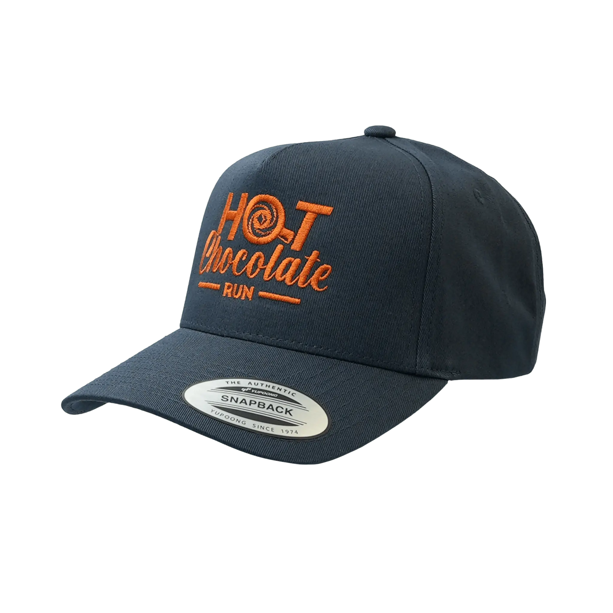 Navy blue cap with orange text 'Hot Chocolate Run' 