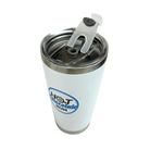 White tumbler with a clear lid featuring Hot Chocolate Run logo on a white background
