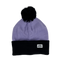 Lavender pom-pom beanie with white label in corner