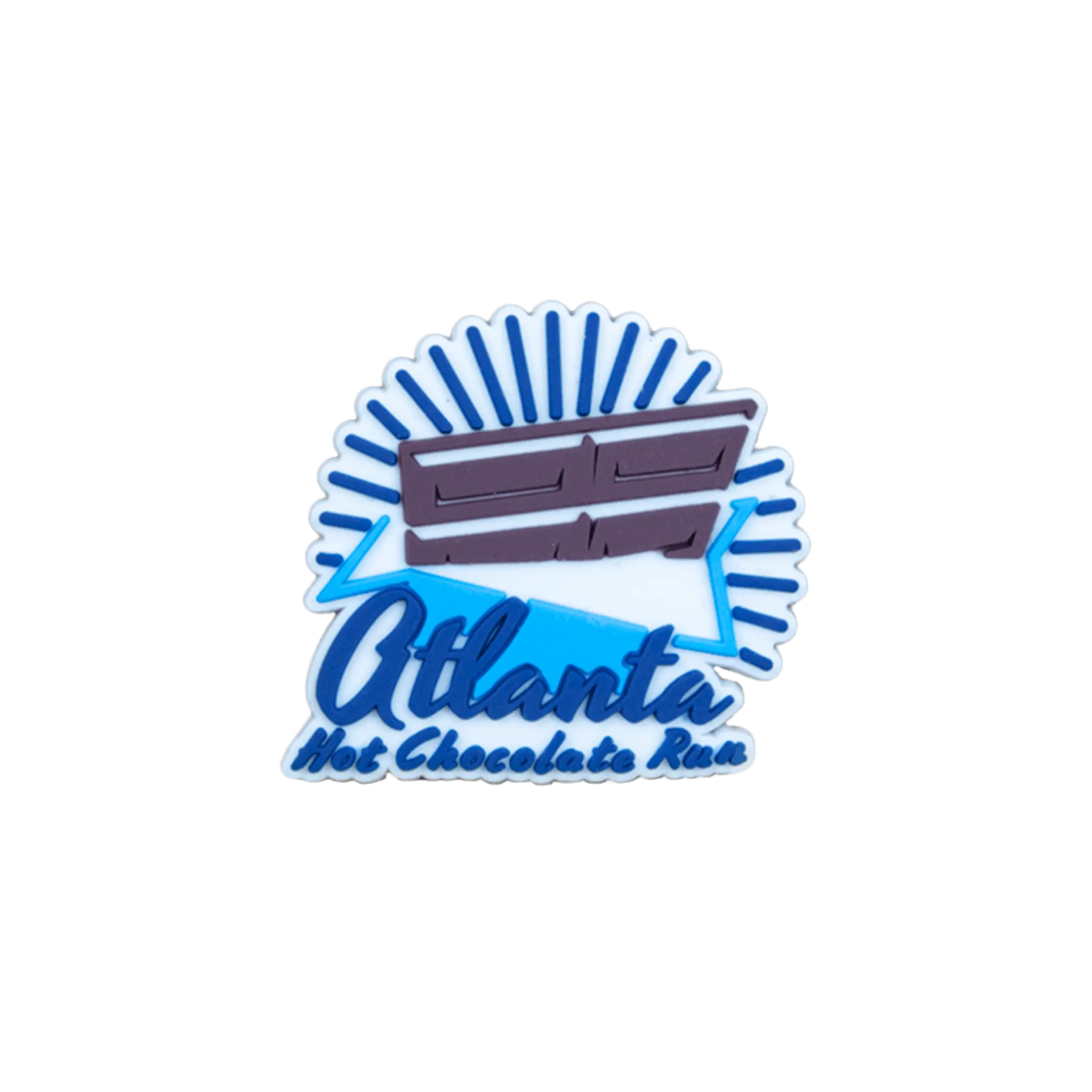 Atlanta Hot Chocolate Run bar with blue and white design bib fastener 