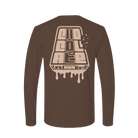 Brown long-sleeve shirt with a dripping chocolate bar graphic design on the back