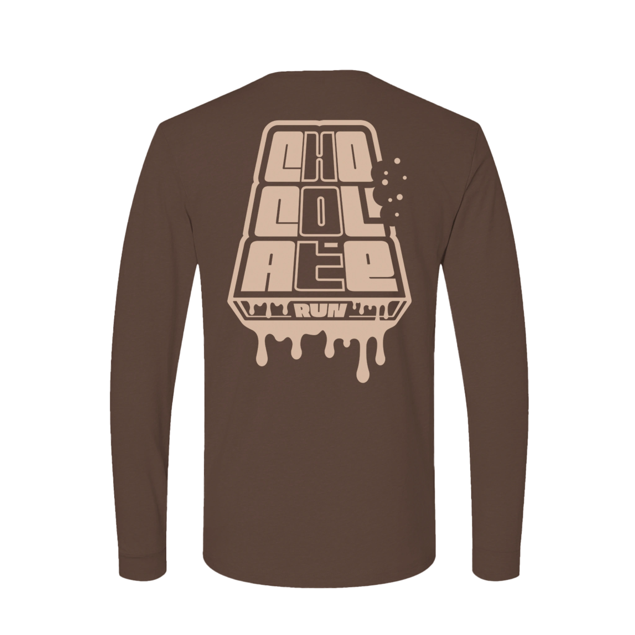 Brown long-sleeve shirt with a dripping chocolate bar graphic design on the back