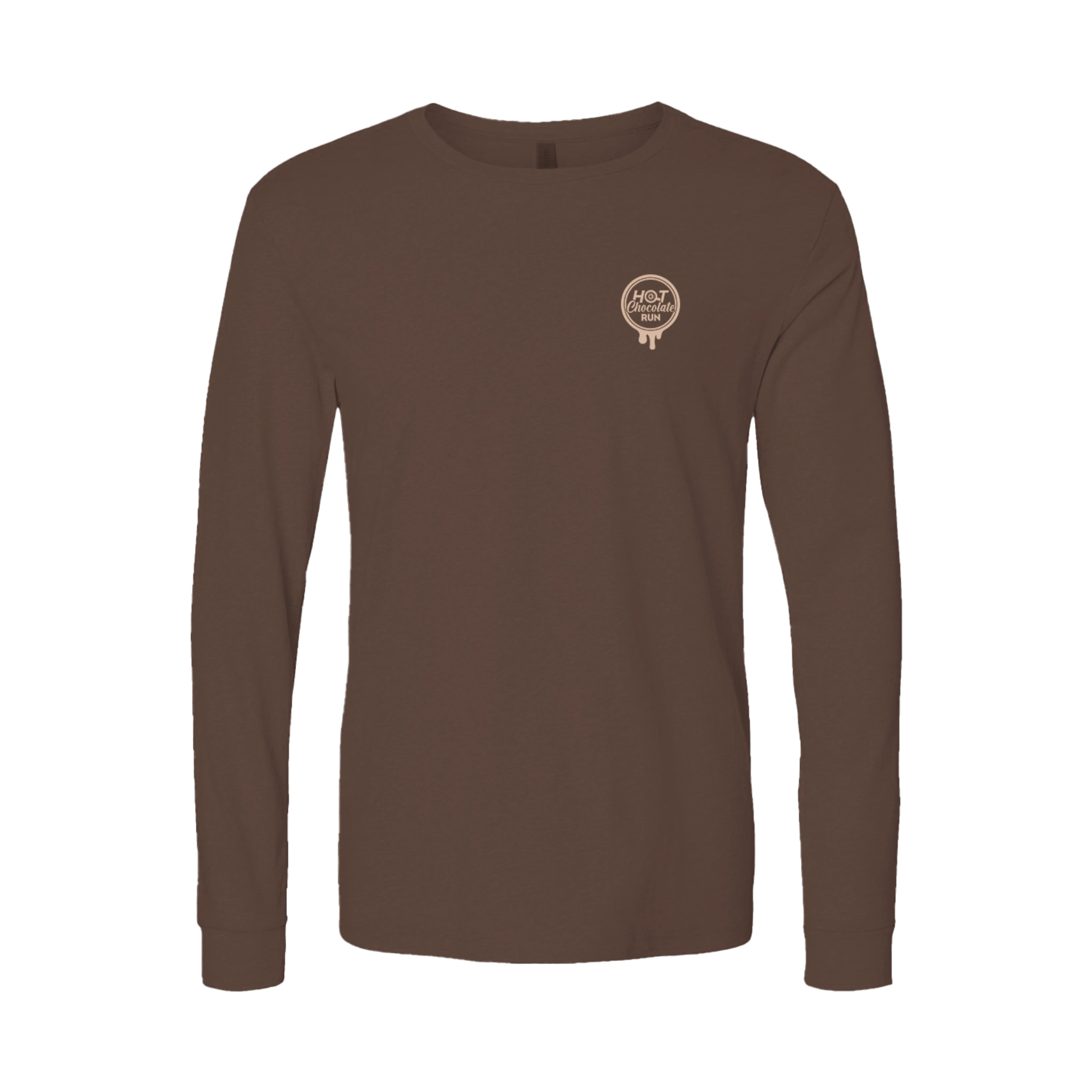 Brown long-sleeve shirt with a Hot Chocolate Run logo on the chest 