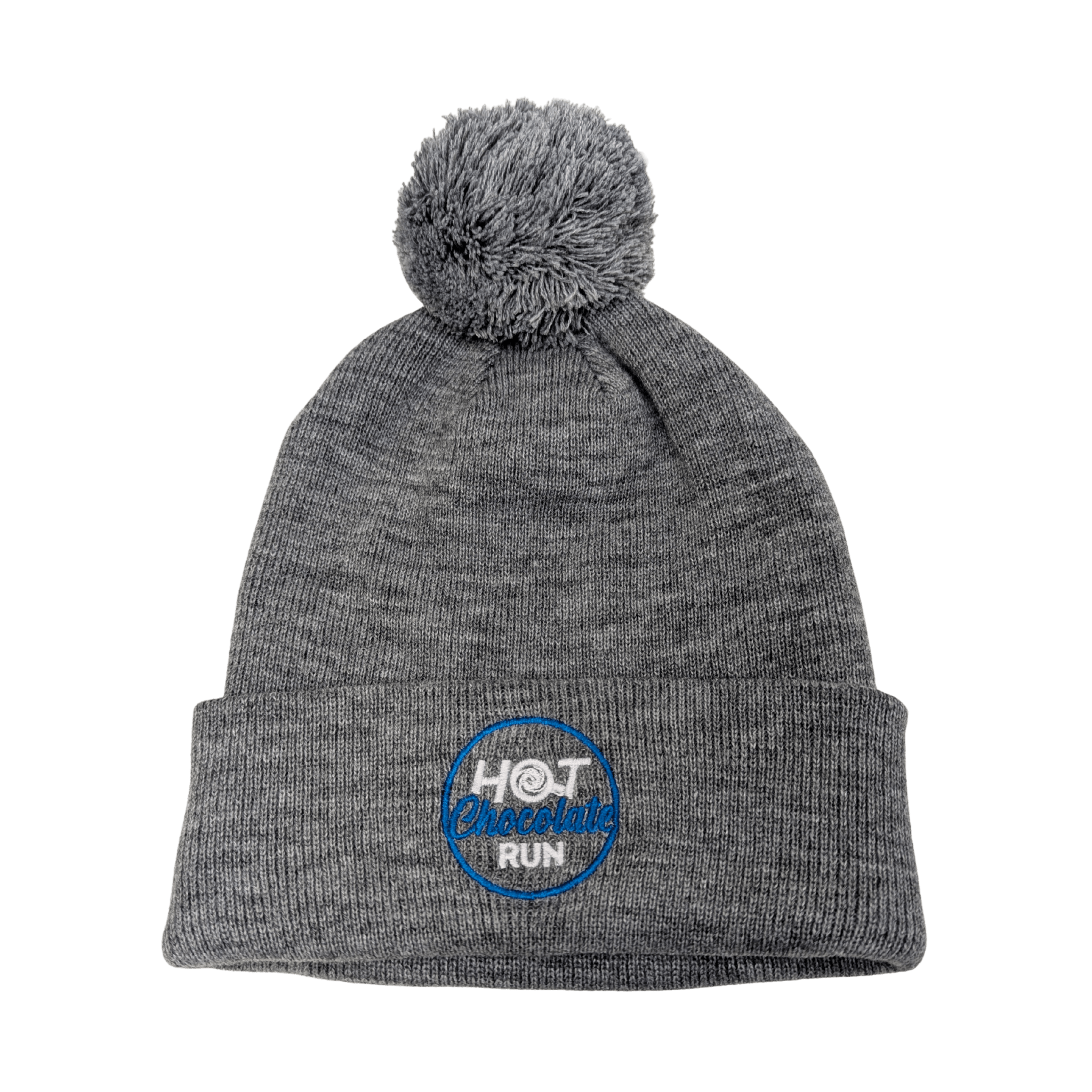 Gray beanie with pom-pom and 'Hot Chocolate Run' logo 