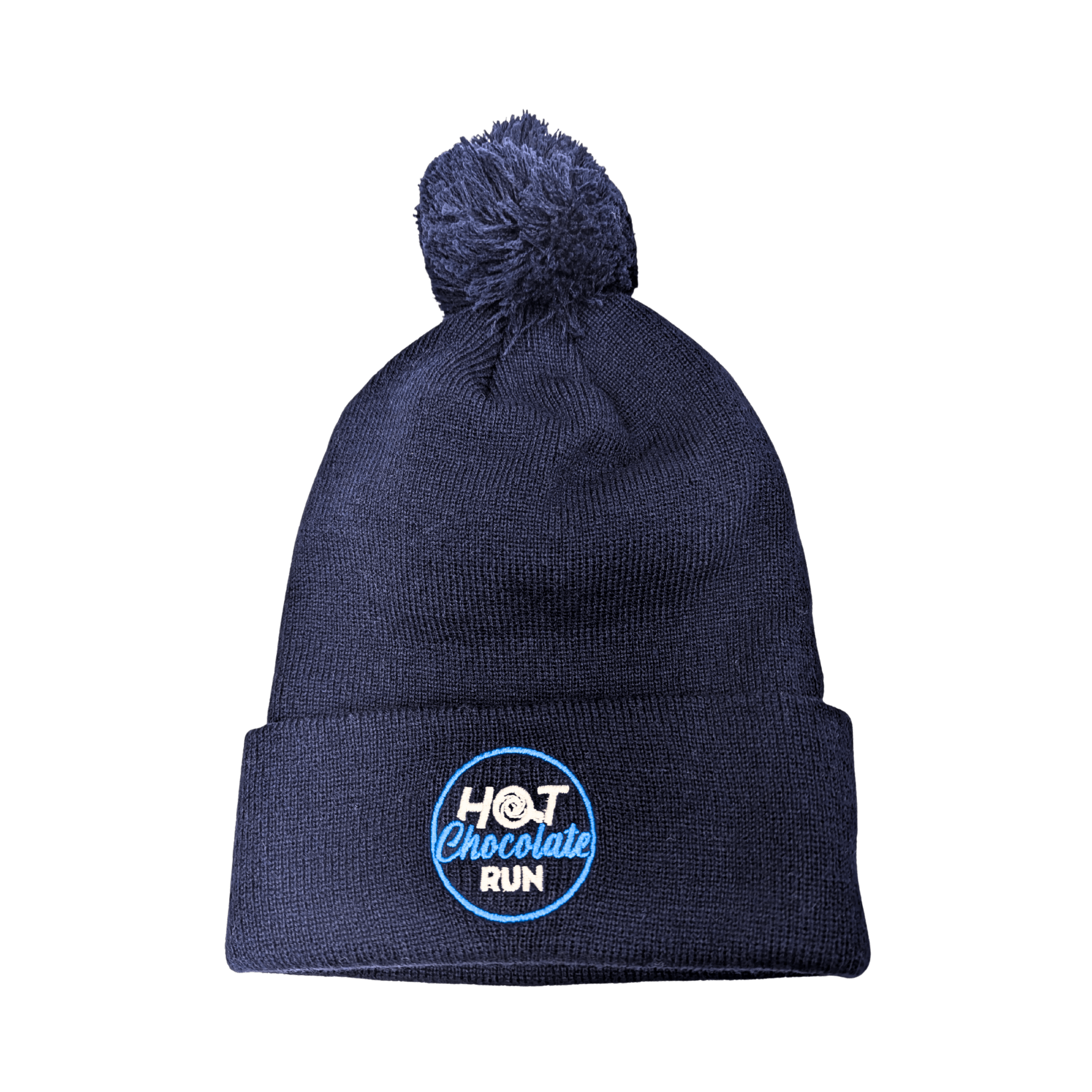 Navy beanie with pom-pom and 'Hot Chocolate Run' logo 