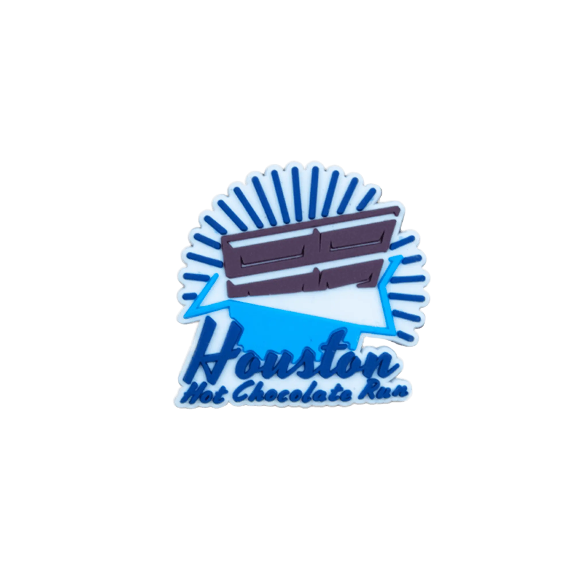 Houston Hot Chocolate Run bar with blue and white design bib fastener 