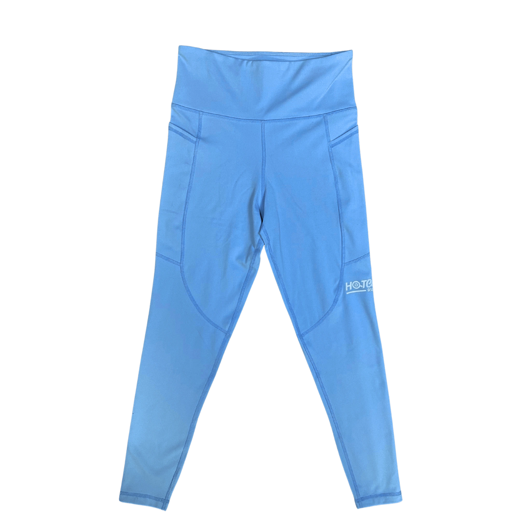 Blue leggings with a Hot Chocolate Run logo on side of thigh