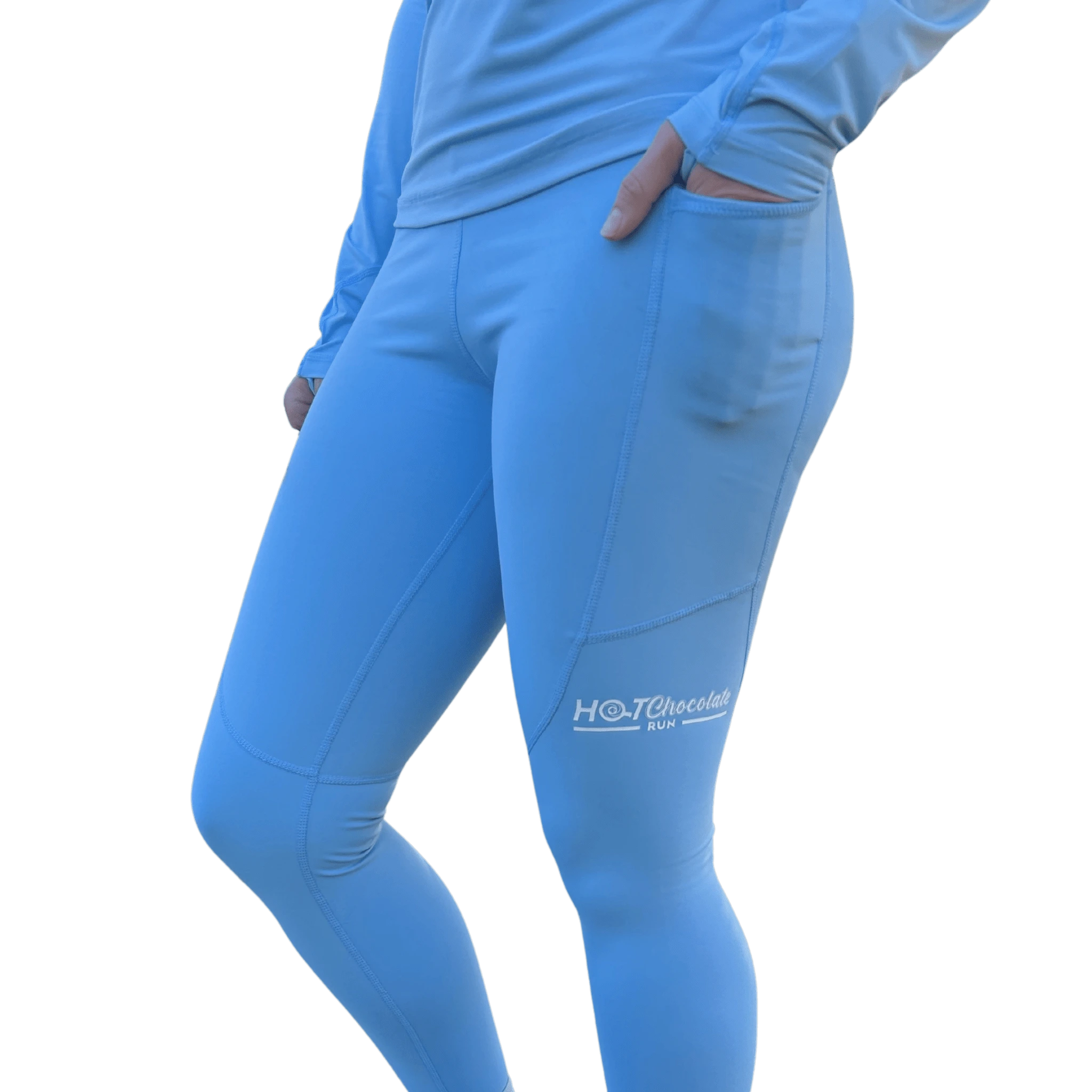 Blue leggings with a visible Hot Chocolate Run logo on side of leg 