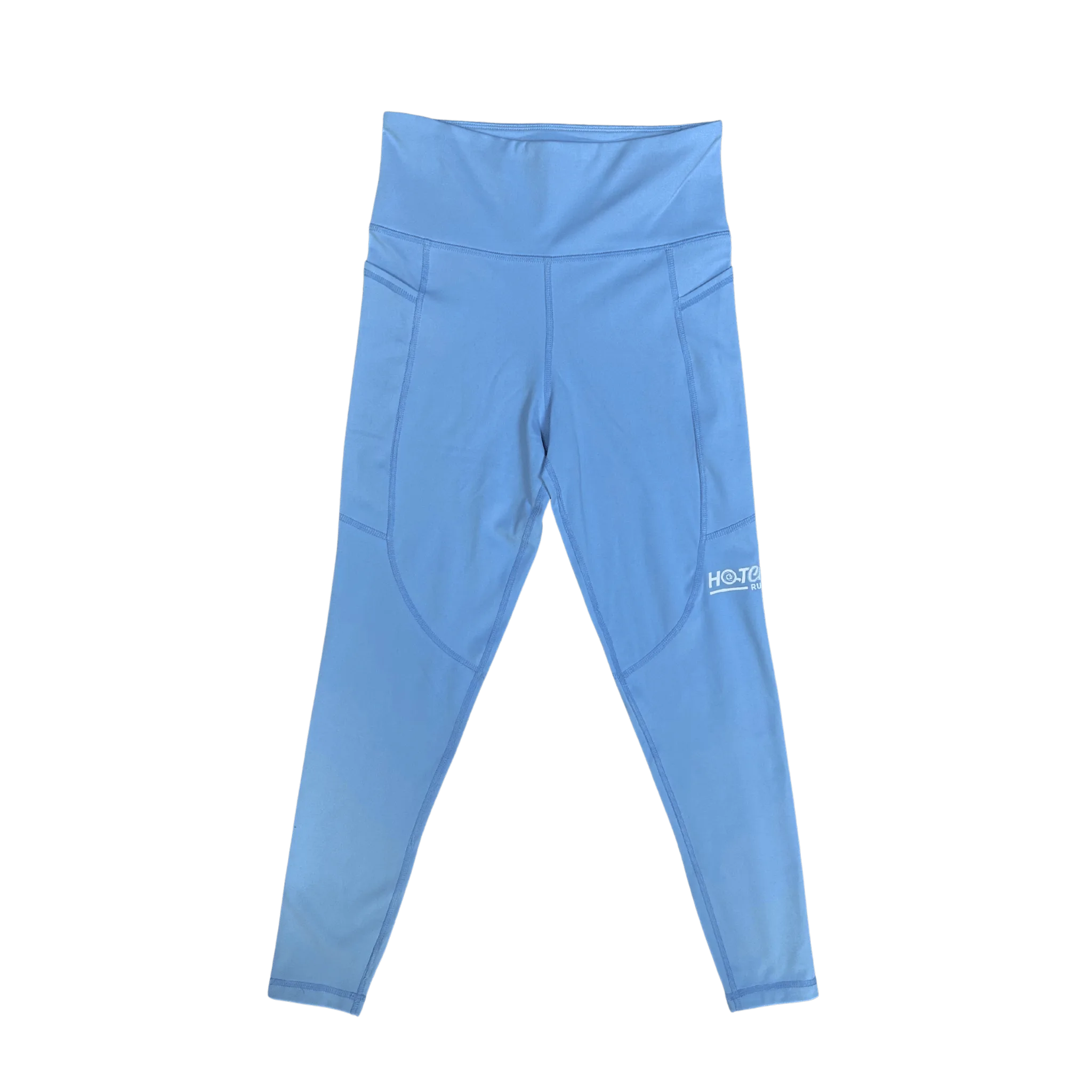 Blue leggings with a Hot Chocolate Run logo on side of thigh