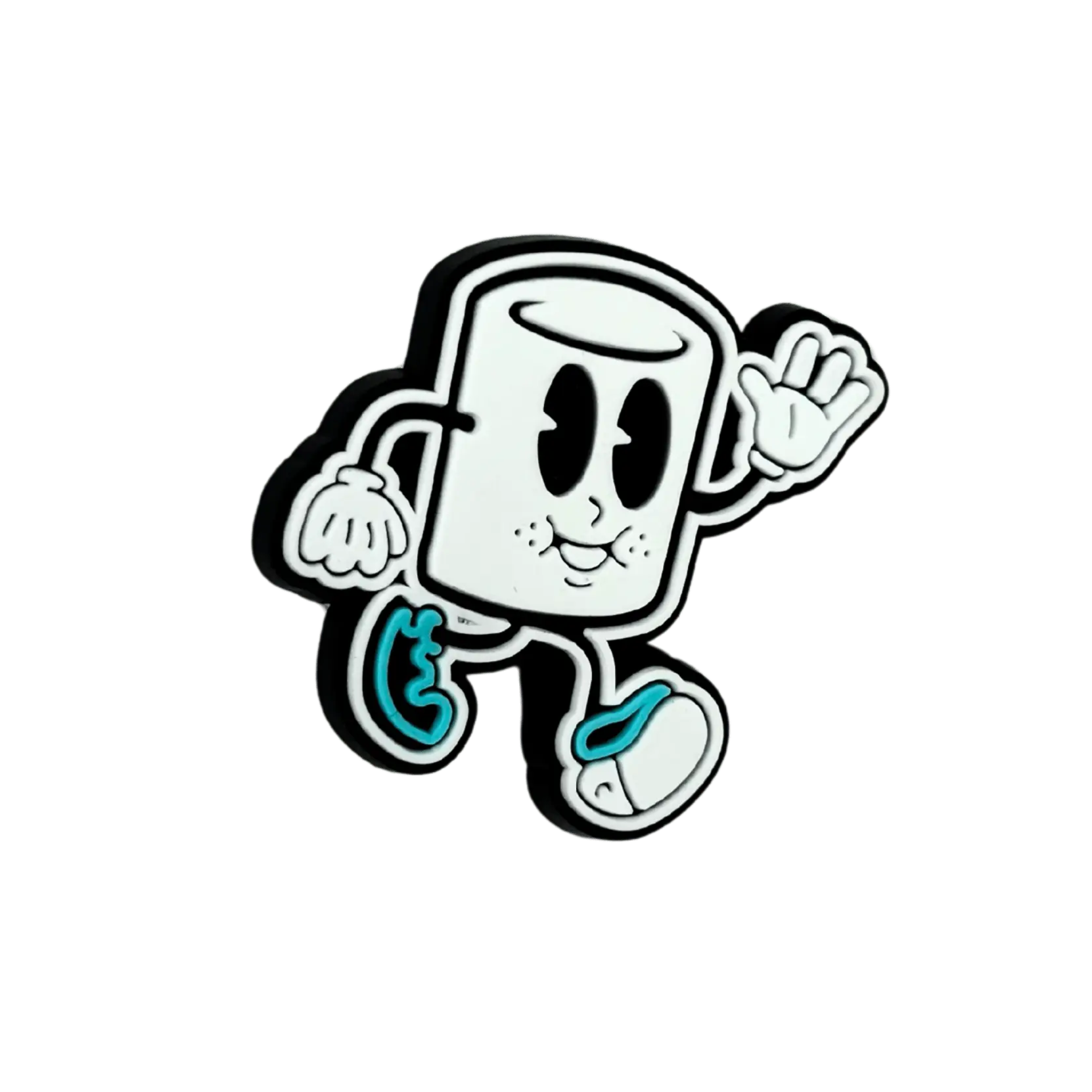 Marshmallow character waving as a bib fastener
