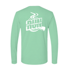 Mint green long-sleeve shirt with white Hot Chocolate Run graphic on back