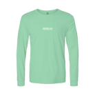 Mint green long-sleeve shirt with white Hot Chocolate Run center chest logo