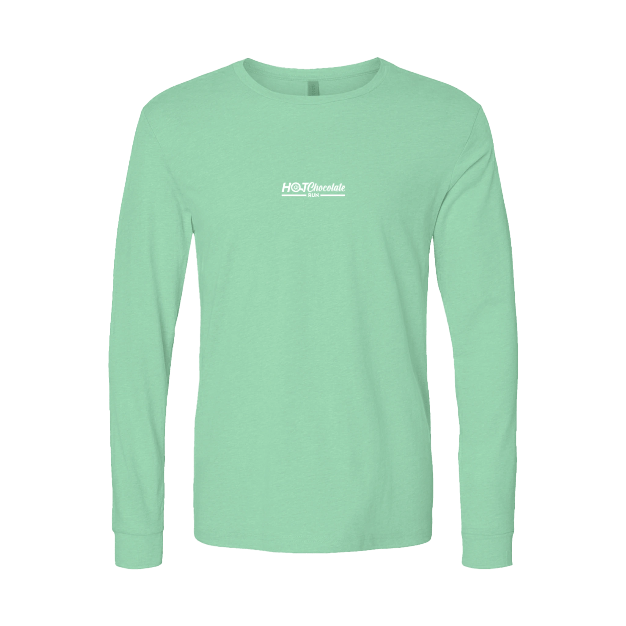 Mint green long-sleeve shirt with white Hot Chocolate Run center chest logo