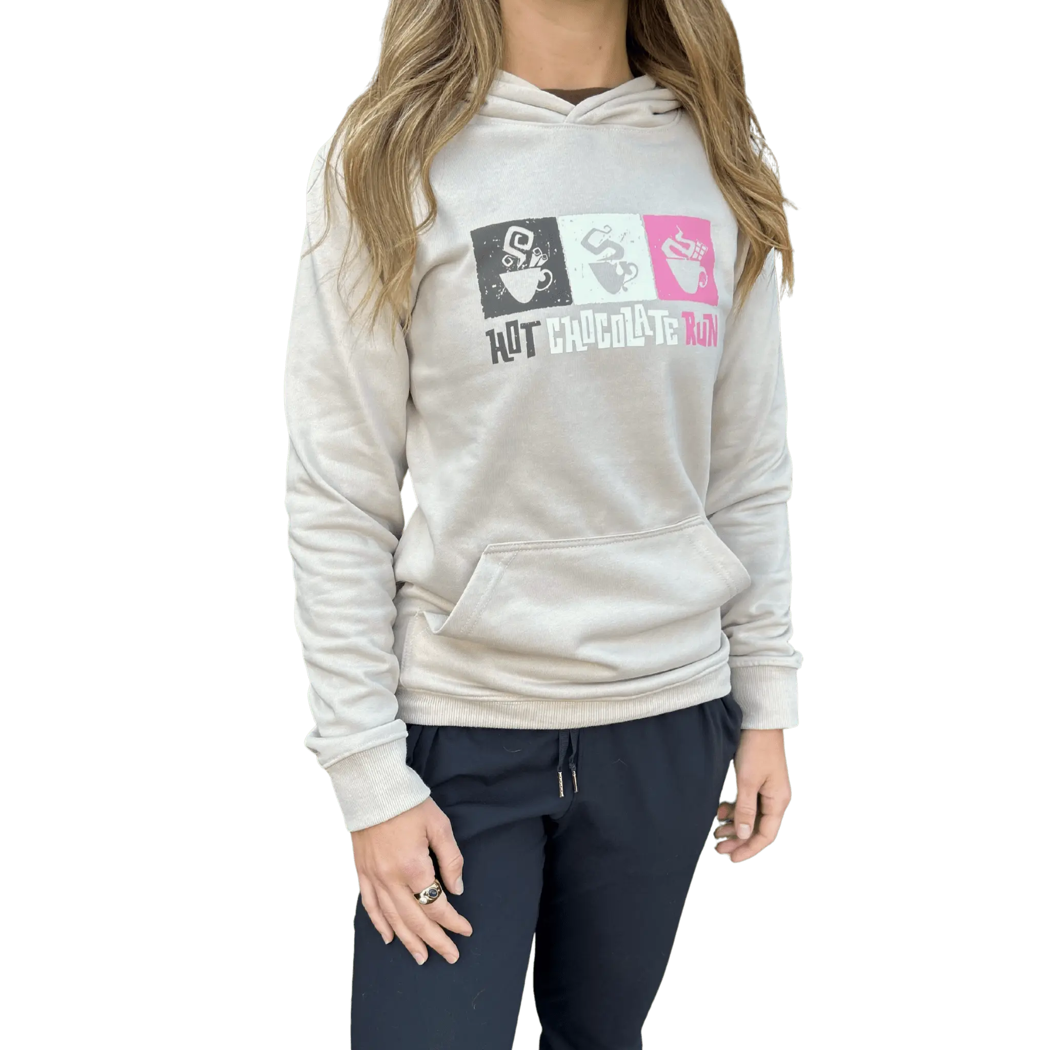 Woman wearing a beige hoodie with colorful graphic design and Hot Chocolate Run text
