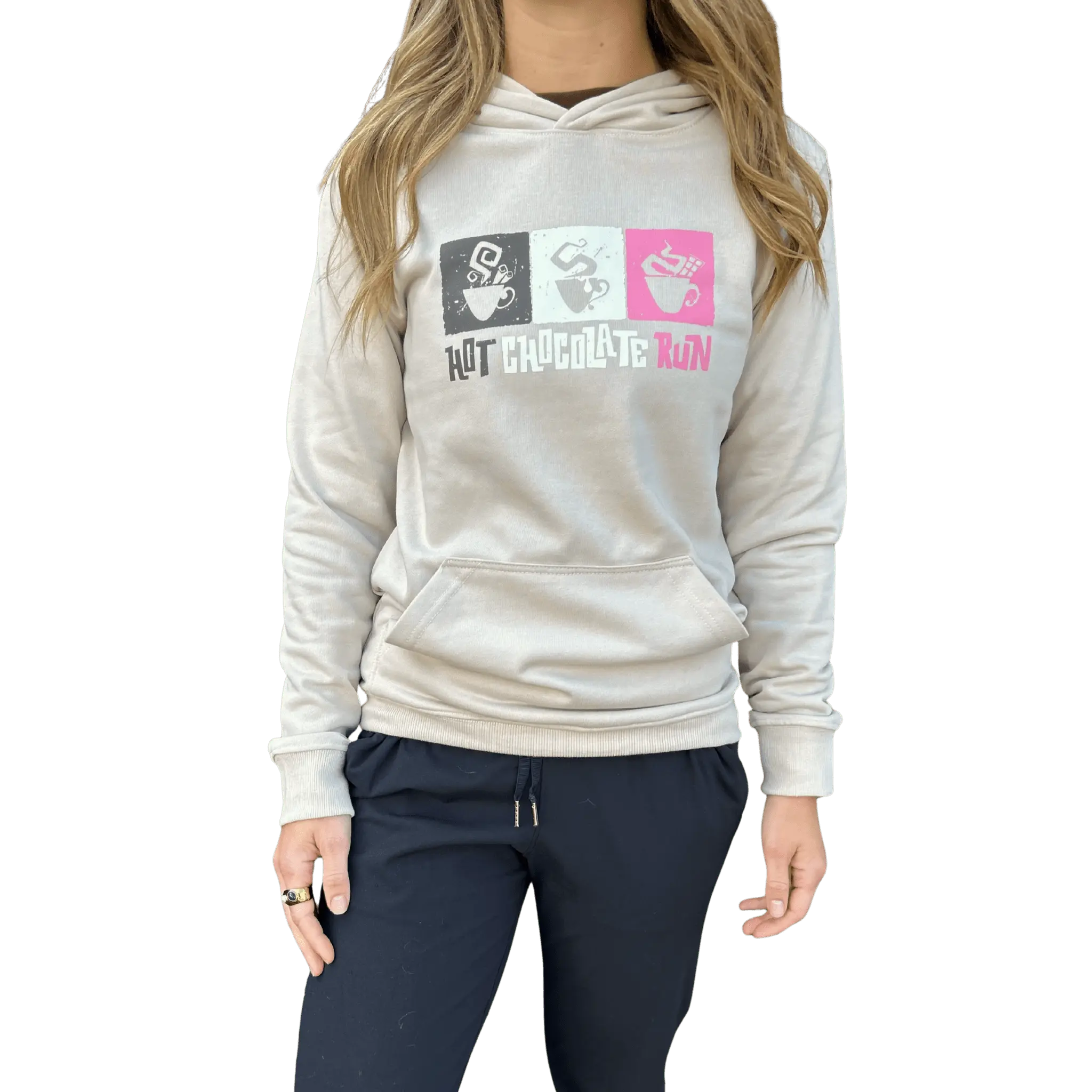 Woman wearing a beige hoodie with colorful graphic design and Hot Chocolate Run text