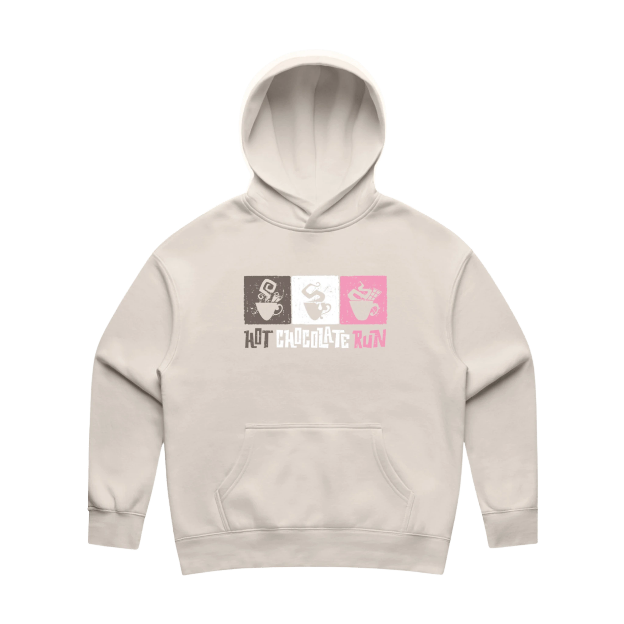 Beige hoodie with Hot Chocolate Run graphic design