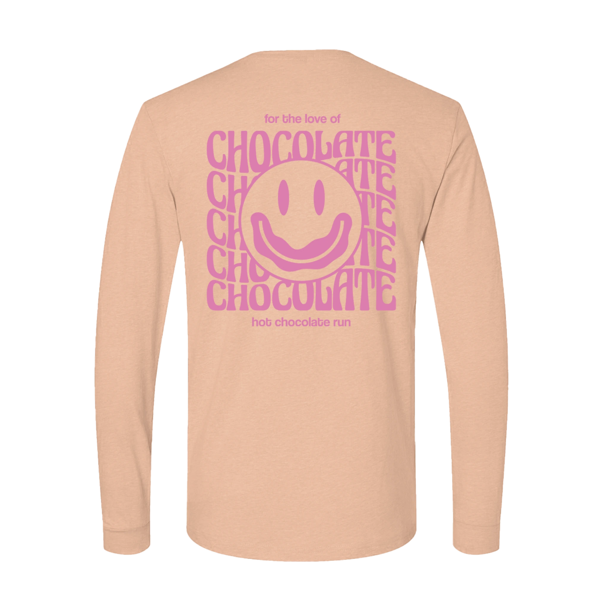 Peach long-sleeve shirt with pink 'love of chocolate' text and smiley face 