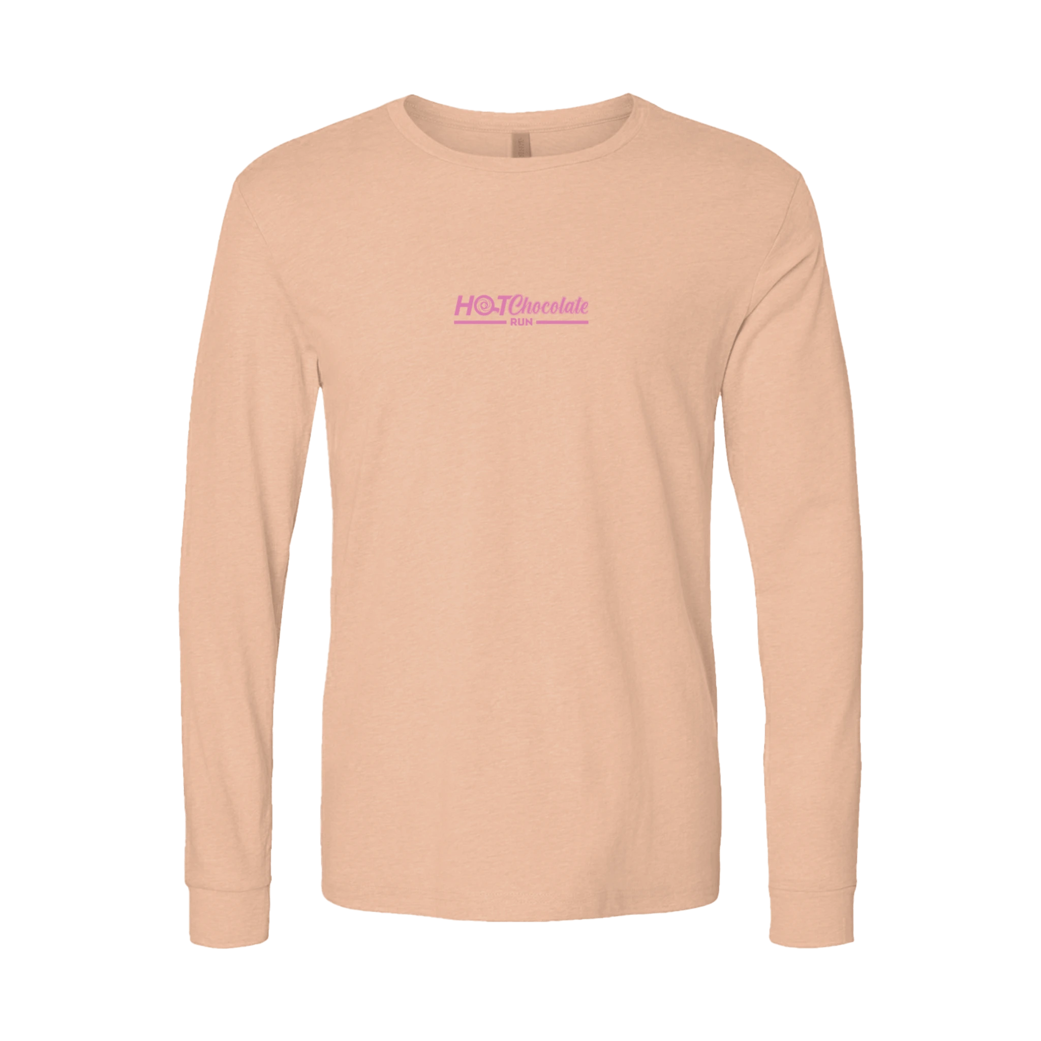 Peach long-sleeve shirt with pink Hot Chocolate Run logo on center chest