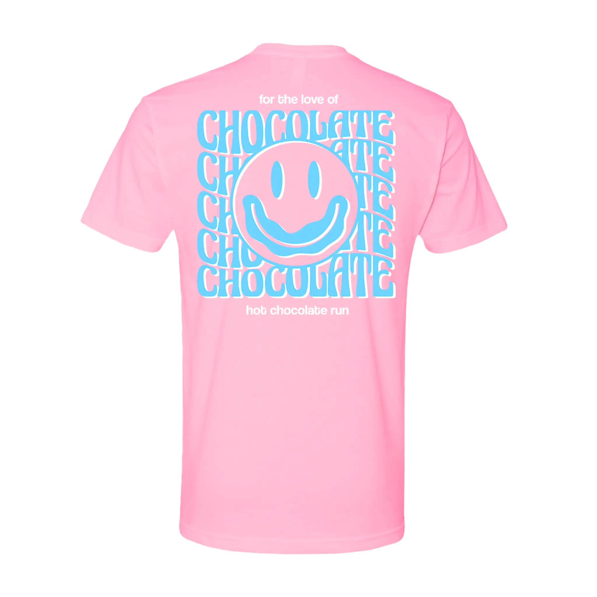 Pink t-shirt with blue and white Hot Chocolate Run smiley face design