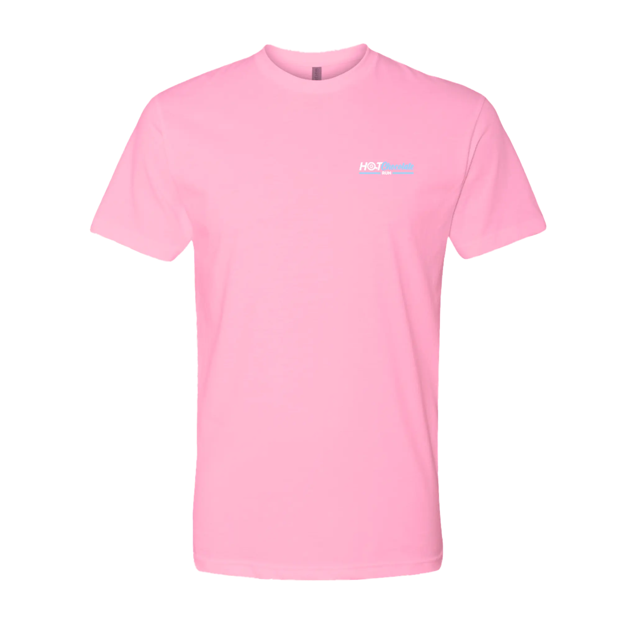Pink t-shirt with a Hot Chocolate Run logo on the left chest