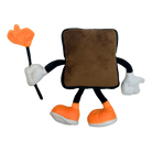 Back of Hot Chocolate Run Chocolate Square Plush toy holding an 'HC' sign