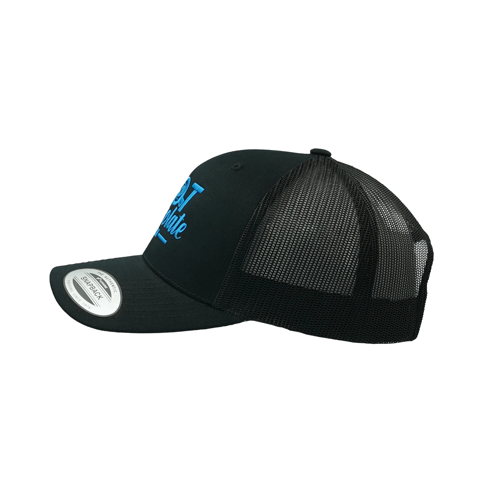 Black mesh cap with blue text