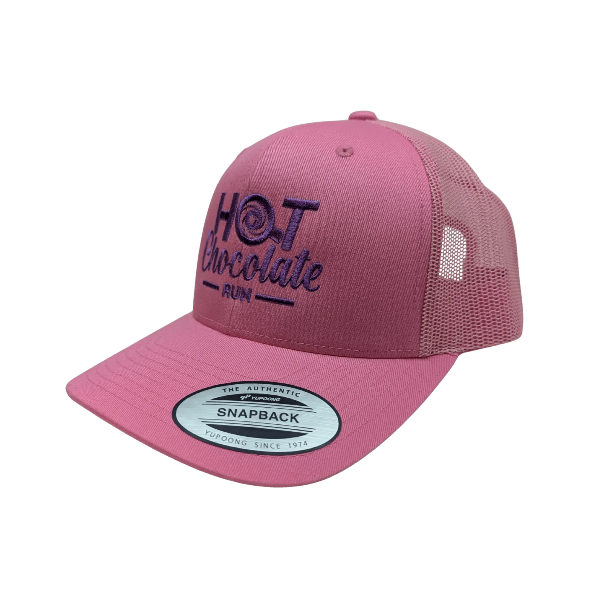 Pink cap with purple 'Hot Chocolate Run' text 