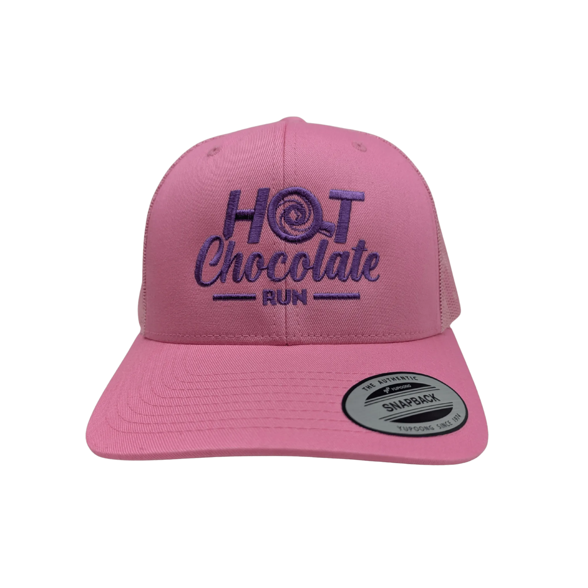 Pink cap with purple 'Hot Chocolate Run' text 