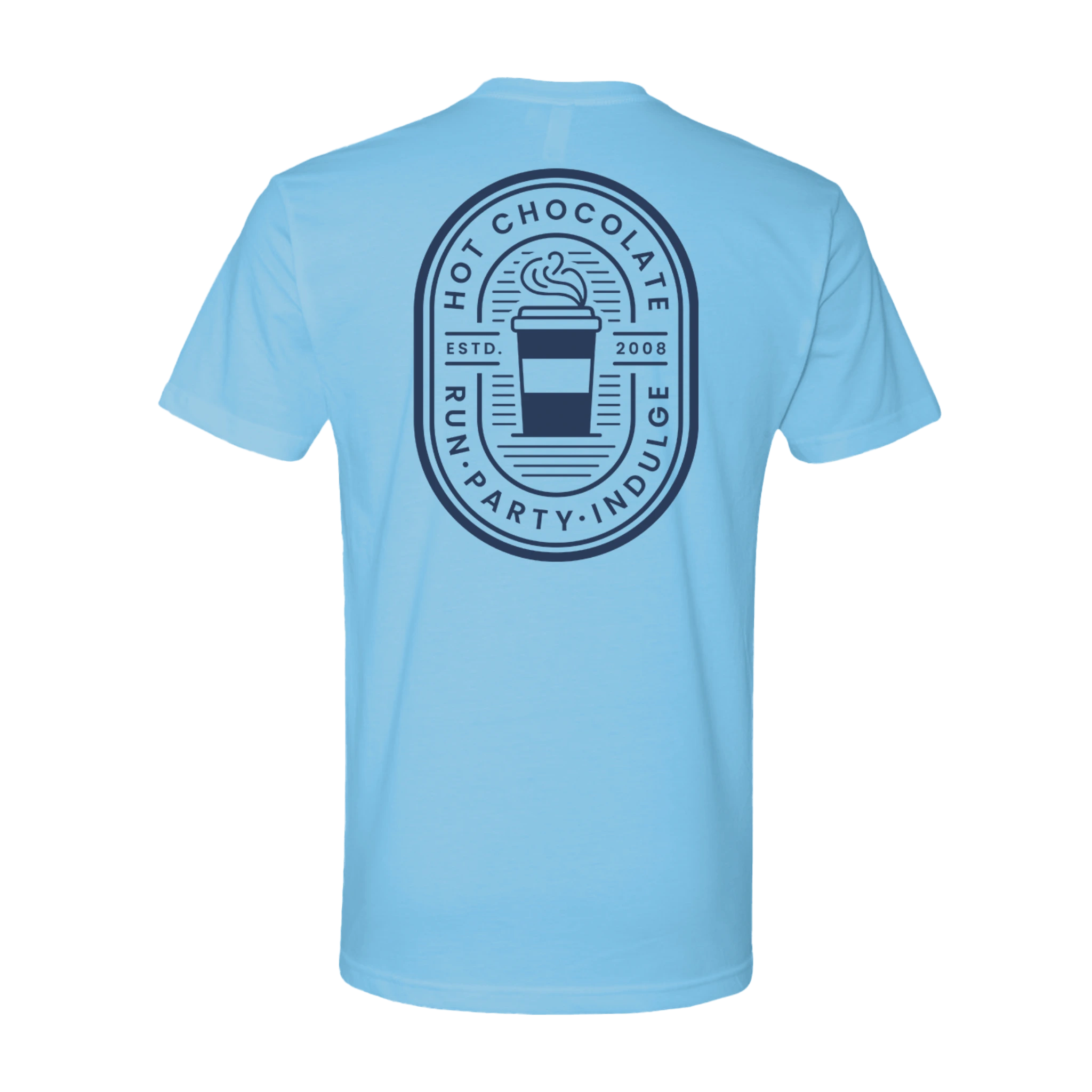 Light blue t-shirt with a black logo on the back containing Run Party and Indulge and the Hot Chocolate Run text with mug and steam