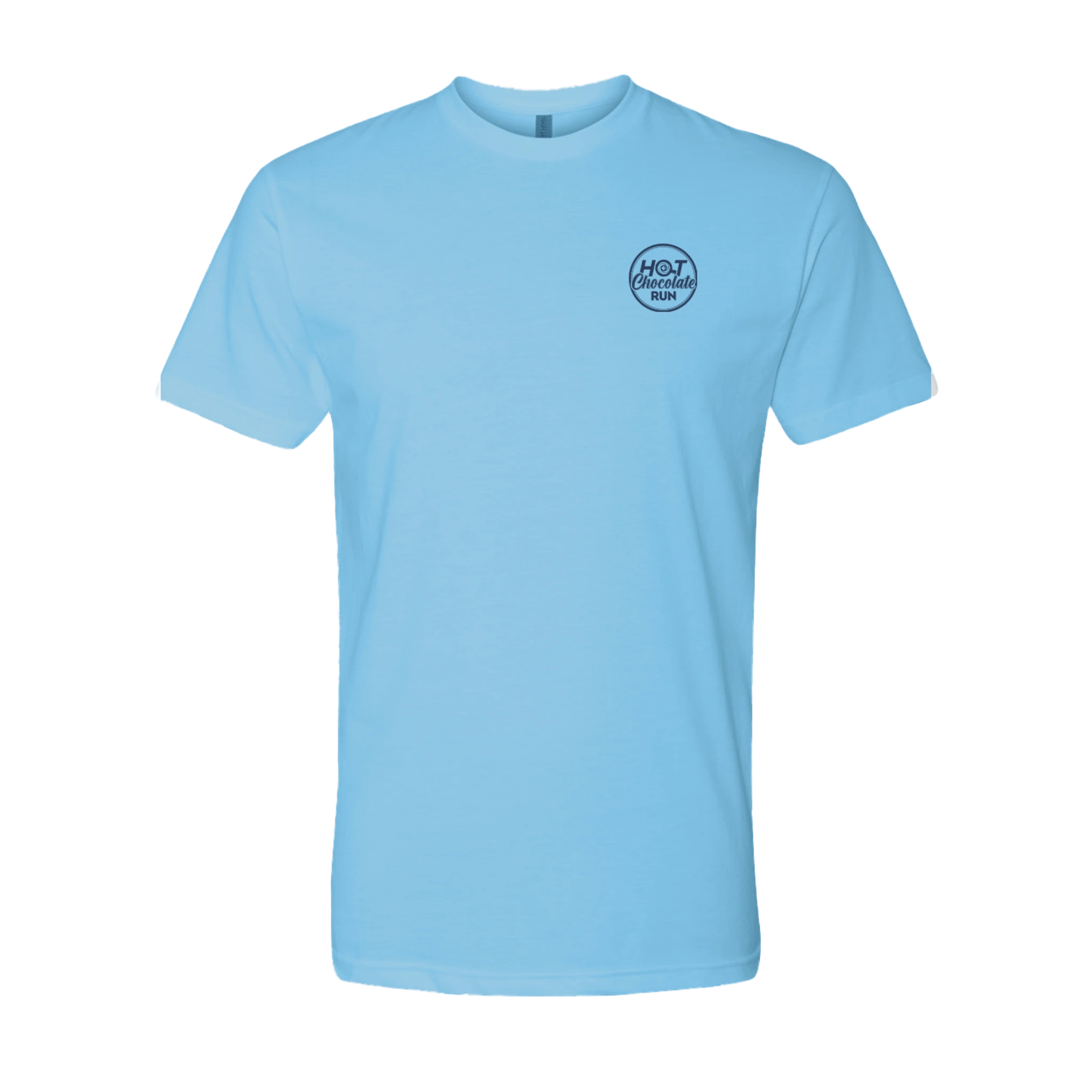 Light blue t-shirt with a Hot Chocolate Run logo on the left chest