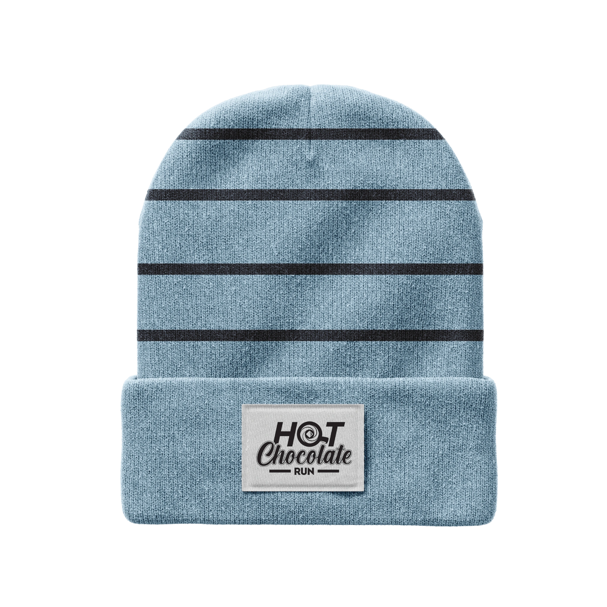 Blue striped beanie with white Hot Chocolate Logo patch
