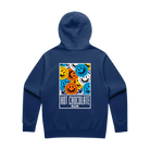 Blue hoodie with colorful smiley face design and Hot Chocolate Run text