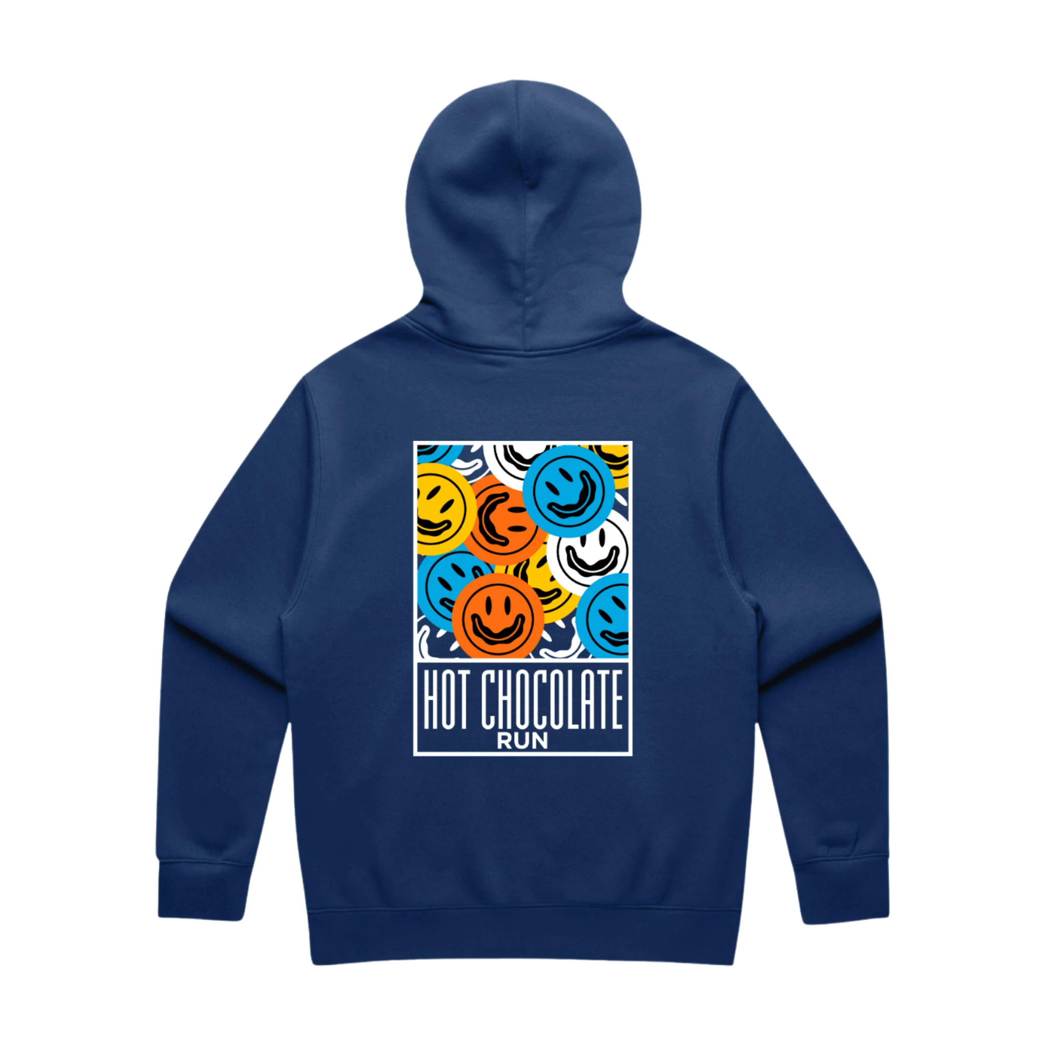 Blue hoodie with colorful smiley face design and Hot Chocolate Run text
