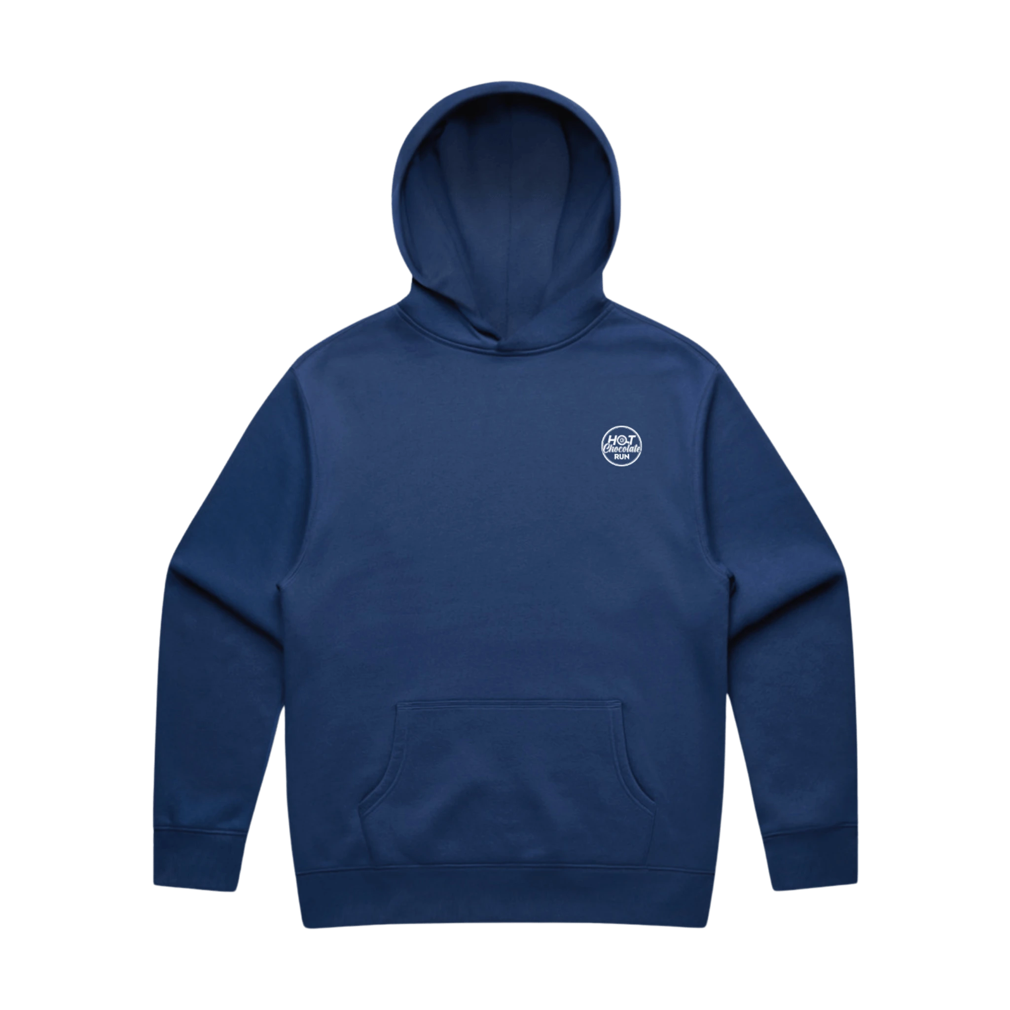Blue hoodie with Hot Chocolate Run left chest logo