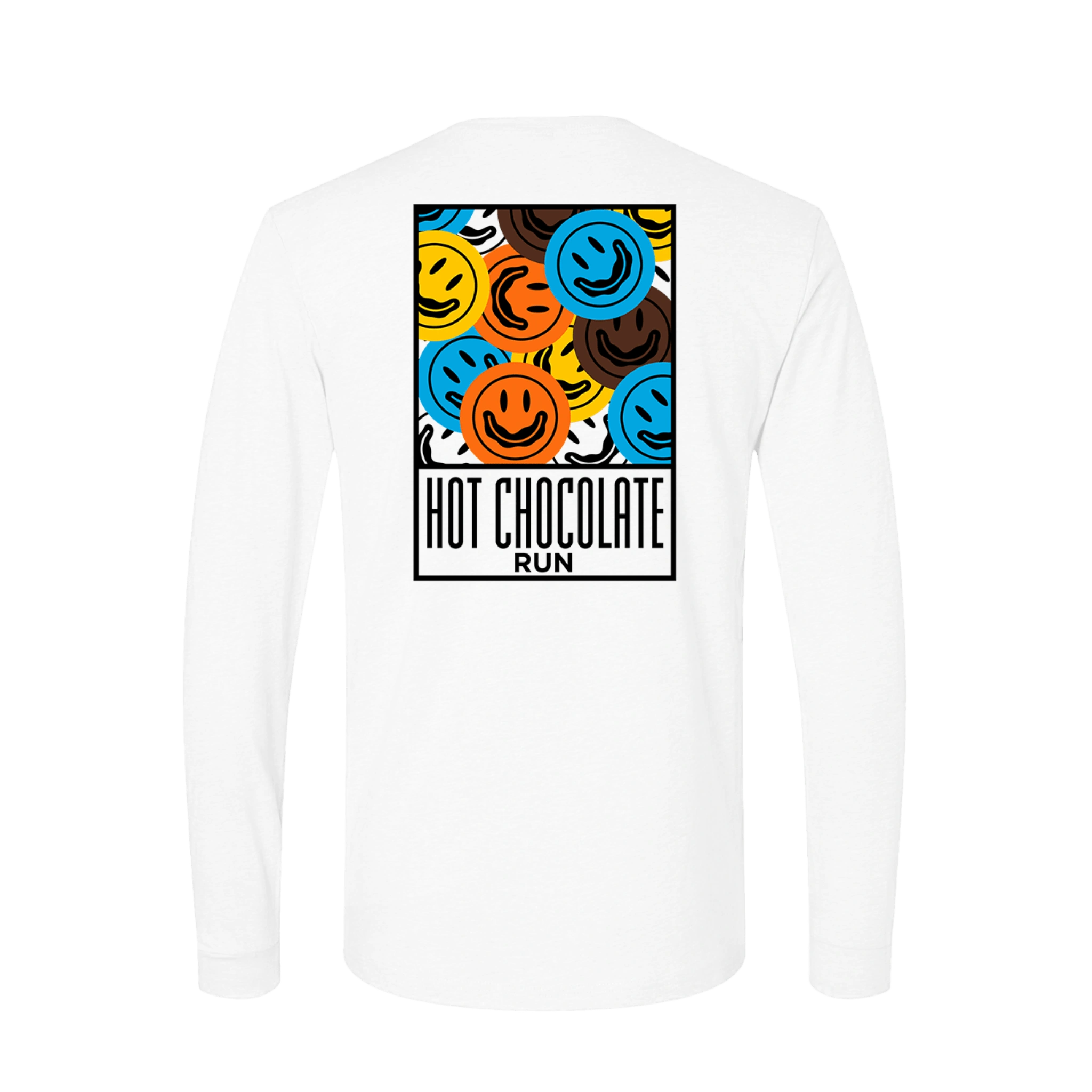 White long sleeve tee with colorful smiley face design and Hot Chocolate Run text