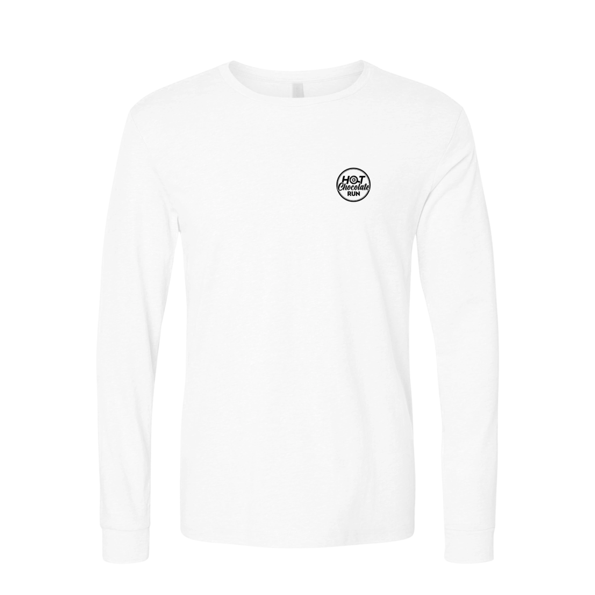 White long-sleeve shirt with a Hot Chocolate Run logo on the chest