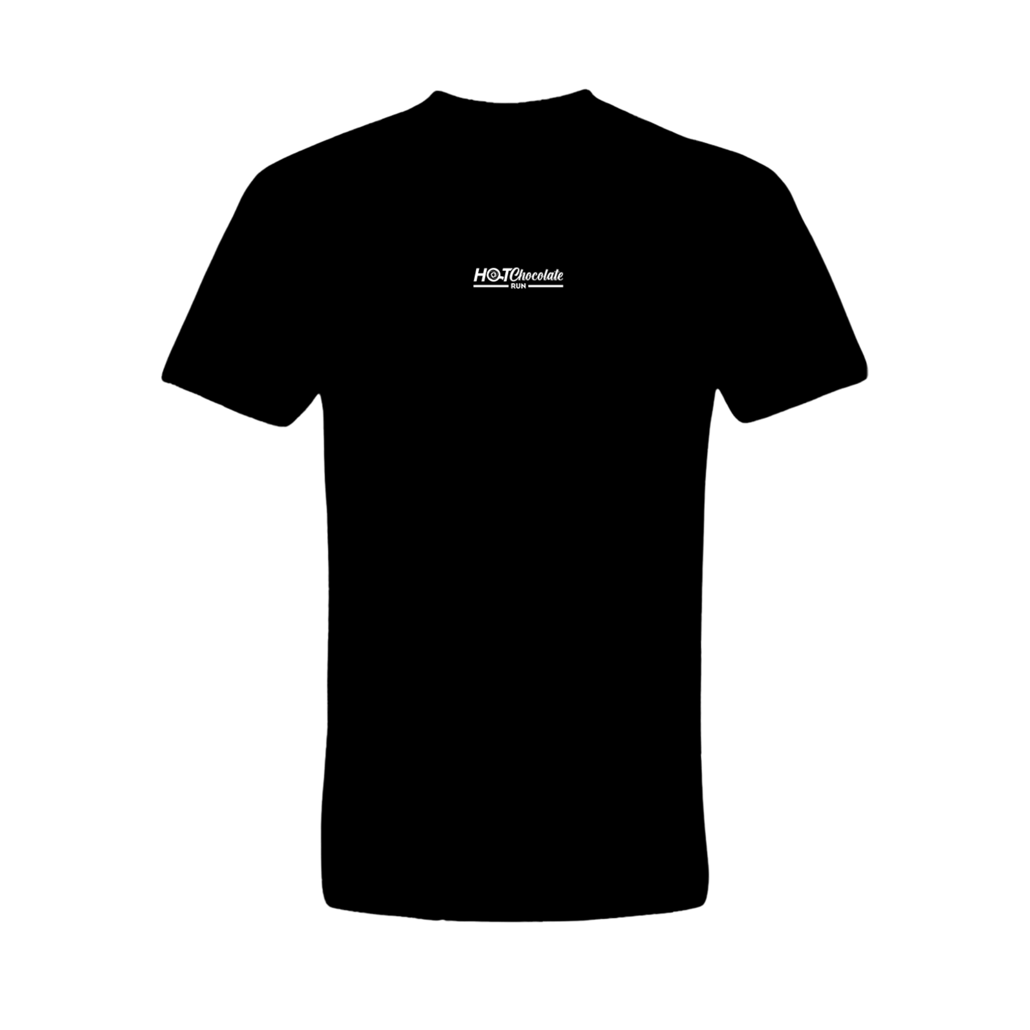 Black t-shirt with Hot Chocolate Run logo in center chest 