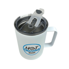 White mug with a lid and 'Hot Chocolate Run' logo on a white background