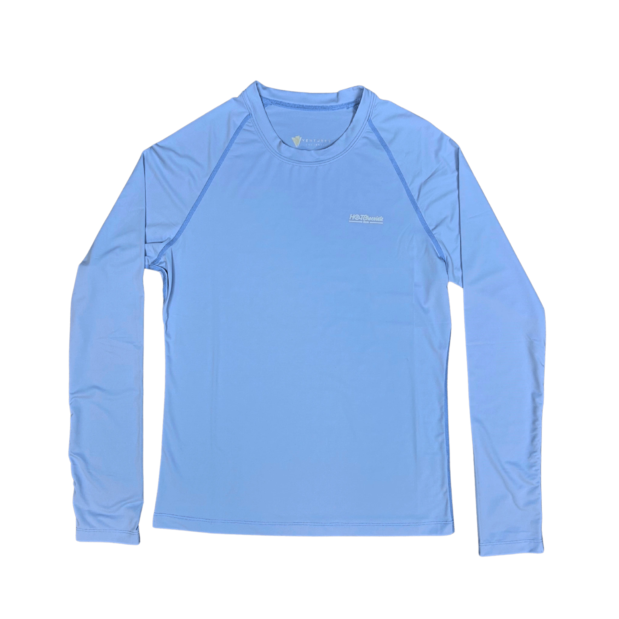 Light blue long-sleeve shirt with small Hot Chocolate Run logo on left chest