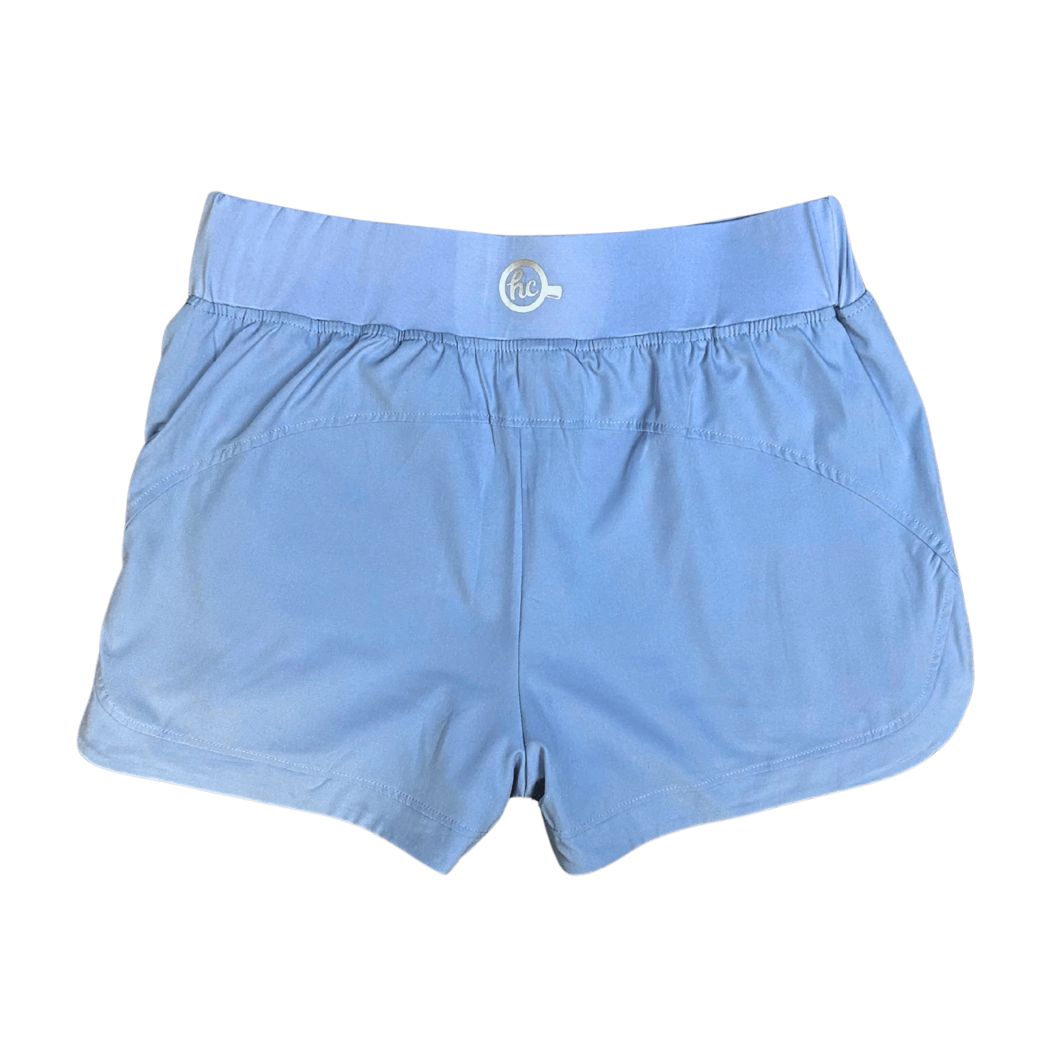 Light blue running shorts with reflective Hot Chocolate logo