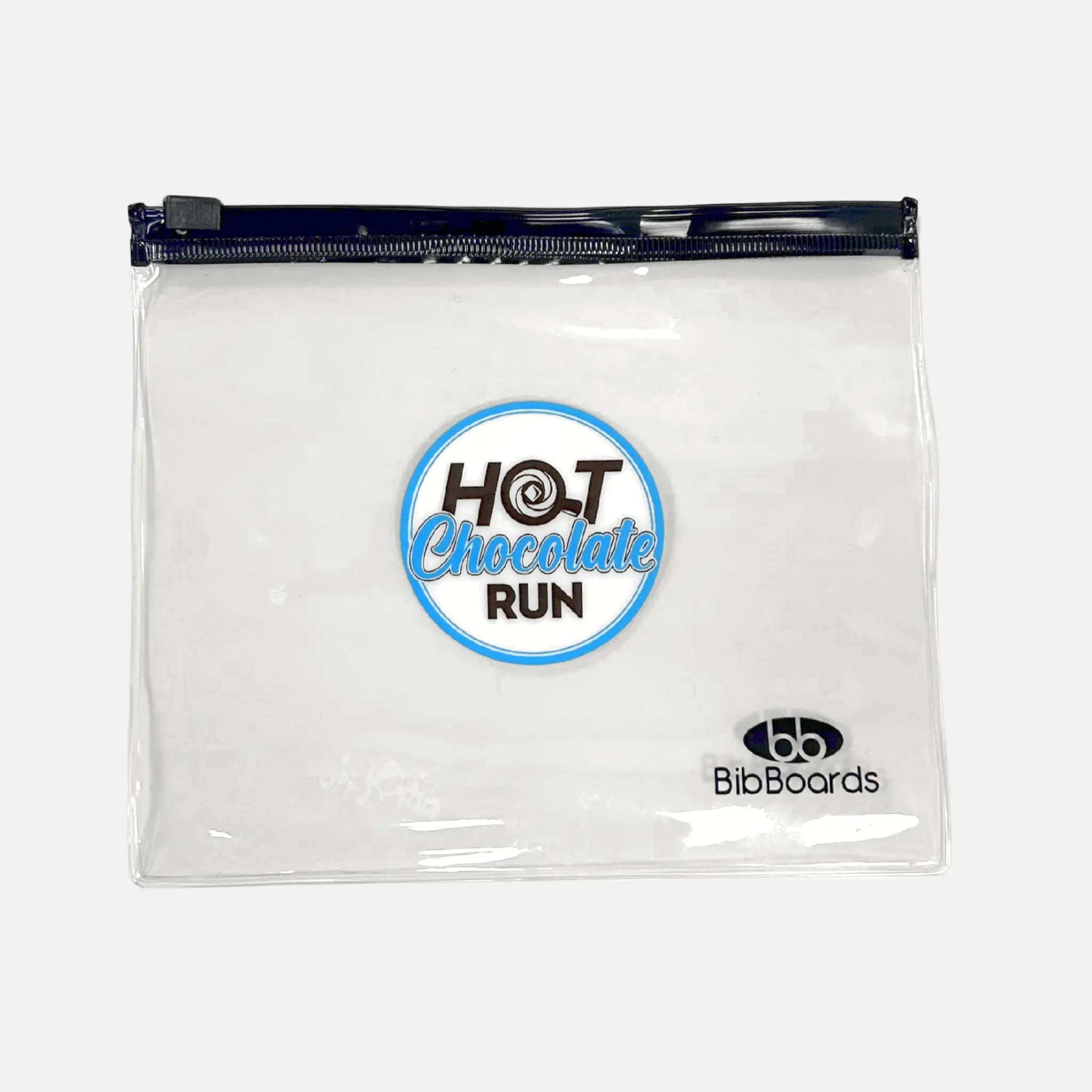 Clear pouch with 'Hot Chocolate Run' logo and 'BibBoards' branding