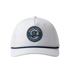 White cap with a blue and gold Maine Coast Marathon logo