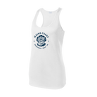A white women's tank top with a center chest graphic logo of the Maine Coast Marathon.
